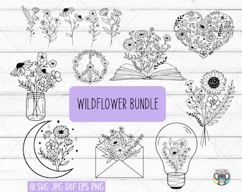 Wildflower svg Bundle, Wildflower svg, Flower Svg Bundle, Flower Bouquet SVG, Mason Jar svg, Peace Sign svg, Svg Files for cricut, cut file
