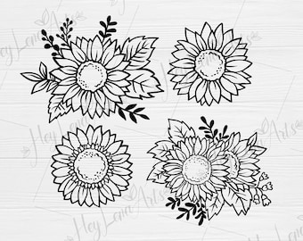 May include: Four black and white line art illustrations of sunflowers with leaves. The sunflowers are arranged in a bouquet-like style.