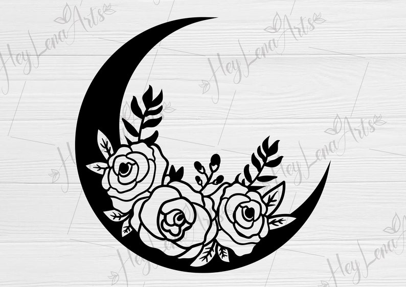 May include: Black and white silhouette of a crescent moon with three stylised roses and leaves around it.