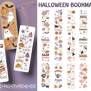 May include: Set of ten Halloween-themed bookmarks featuring cute ghost illustrations, pumpkins, bats, and candy. The bookmarks have various text including "Boo!" "Spooky Readers" and "Read Books".