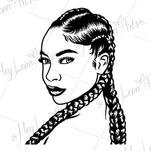 May include: Black and white line art illustration of a woman with long braids. The woman is looking to the side and has a serious expression on her face.