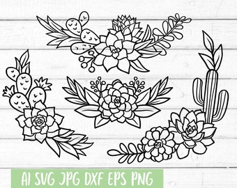 May include: Black and white line art illustration of a set of four succulent plant arrangements. The arrangements feature different types of succulents, including cactus, and are perfect for adding a touch of nature to any design project.