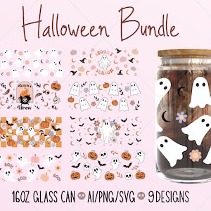 Envoltório de vidro de Halloween svg, Halloween Libbey Svg, Ghost Libbey Glass Svg, Halloween Can Glass Svg, Ghost Cup Wrap, Trendy Halloween