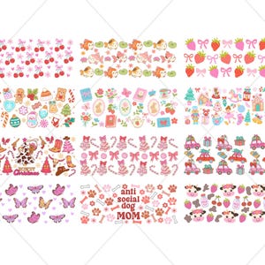 May include: A selection of digital patterns with diverse themes. Designs include cherries, goldfish, strawberries, gingerbread men, Christmas ornaments, cowboy boots, cars with gifts, butterflies, paw prints, and cow faces.