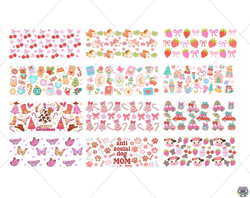 May include: A selection of digital patterns with diverse themes. Designs include cherries, goldfish, strawberries, gingerbread men, Christmas ornaments, cowboy boots, cars with gifts, butterflies, paw prints, and cow faces.