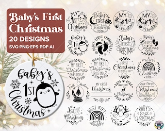 Può includere: Una collezione di 20 design grafici digitali in bianco e nero per ornamenti del primo Natale del bambino. Il set include illustrazioni circolari con pinguini, renne, impronte di piedi, arcobaleni e testo festivo, presentati come file SVG, PNG, EPS, PDF e AI.