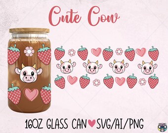 Cute Cow Valentines Glass Can Wrap SVG, 16oz Libbey (Digital Download)