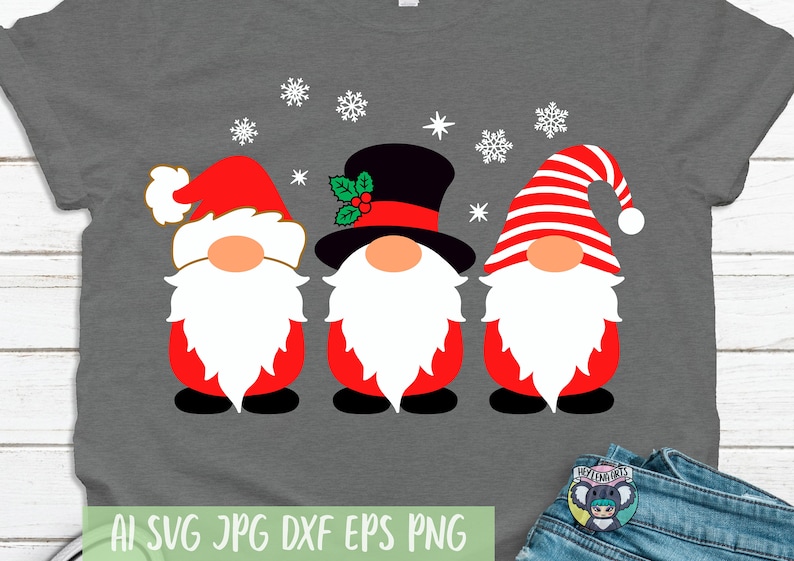 May include: Three Christmas gnomes with red hats, white beards, and red bodies. The gnome in the middle has a black top hat with a red band and green holly.