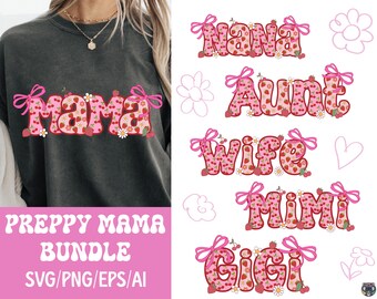 Preppy Mama PNG-Paket: Florales Erdbeerdesign (Digitaler Download)