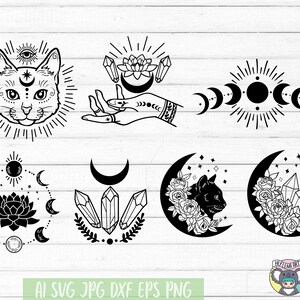 May include: A set of eight black and white illustrations featuring a cat, hand, moon phases, crystals, and a lotus flower. The illustrations are perfect for crafting, scrapbooking, and digital design.