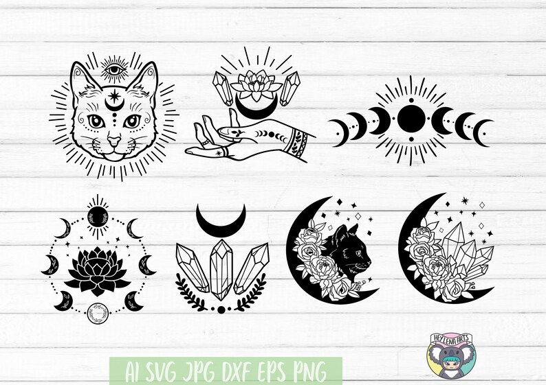 May include: A set of eight black and white illustrations featuring a cat, hand, moon phases, crystals, and a lotus flower. The illustrations are perfect for crafting, scrapbooking, and digital design.