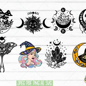 May include: A set of eight black and white illustrations featuring various celestial and mystical themes. The illustrations include a crescent moon with mushrooms, a sun with a face, a crescent moon with crystals, a crescent moon with a lotus flower, a moth with wings, a witch with a hat, a crescent moon with crystals, and a crescent moon with a cat.