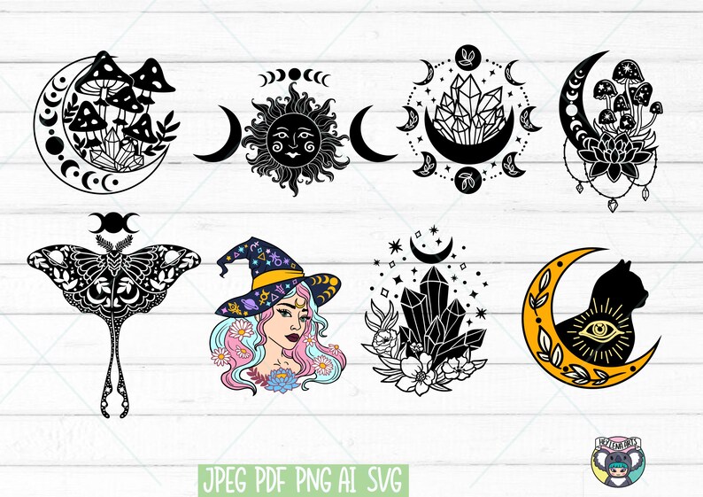 May include: A set of eight black and white illustrations featuring various celestial and mystical themes. The illustrations include a crescent moon with mushrooms, a sun with a face, a crescent moon with crystals, a crescent moon with a lotus flower, a moth with wings, a witch with a hat, a crescent moon with crystals, and a crescent moon with a cat.