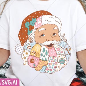 May include: White t-shirt featuring a Santa Claus face with a patchwork beard and hat. The hat is brown with holly accents, and the beard is a colorful patchwork design with Christmas ornaments, stars, and trees. The text "PNG/SVG/AI" is at the bottom.