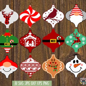 May include: Twelve Christmas-themed ornaments in a Moroccan tile design. The ornaments feature a variety of designs, including a candy cane, a snowman, a gingerbread man, a reindeer, a cardinal, and a Christmas elf.