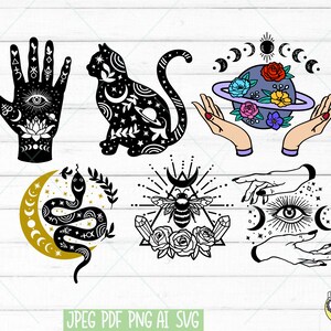 May include: A set of six black and white illustrations featuring mystical and celestial themes. The designs include a hand with an eye, a cat with stars and planets, a snake wrapped around a crescent moon, a bee in a triangle with crystals, a hand with an eye and moons, and a hand holding a planet with flowers.