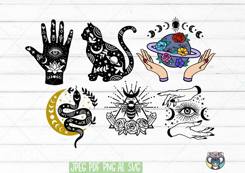 May include: A set of six black and white illustrations featuring mystical and celestial themes. The designs include a hand with an eye, a cat with stars and planets, a snake wrapped around a crescent moon, a bee in a triangle with crystals, a hand with an eye and moons, and a hand holding a planet with flowers.
