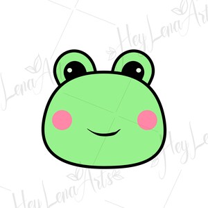 May include: A cartoon illustration of a green frog with black eyes, a black outline, and pink cheeks. The frog is smiling.