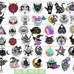 May include: A set of 36 black and white illustrations featuring various mystical and occult symbols, including moons, stars, crystals, animals, and a witch's cauldron. The illustrations are perfect for crafting projects, digital designs, and more.