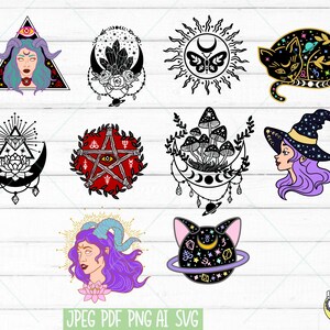 May include: A set of ten digital illustrations featuring a variety of mystical and occult themes. The illustrations include a witch, a cat, a pentagram, mushrooms, a crescent moon, a sun, a crystal, and a lotus flower. The illustrations are all in black and white with some colour accents.
