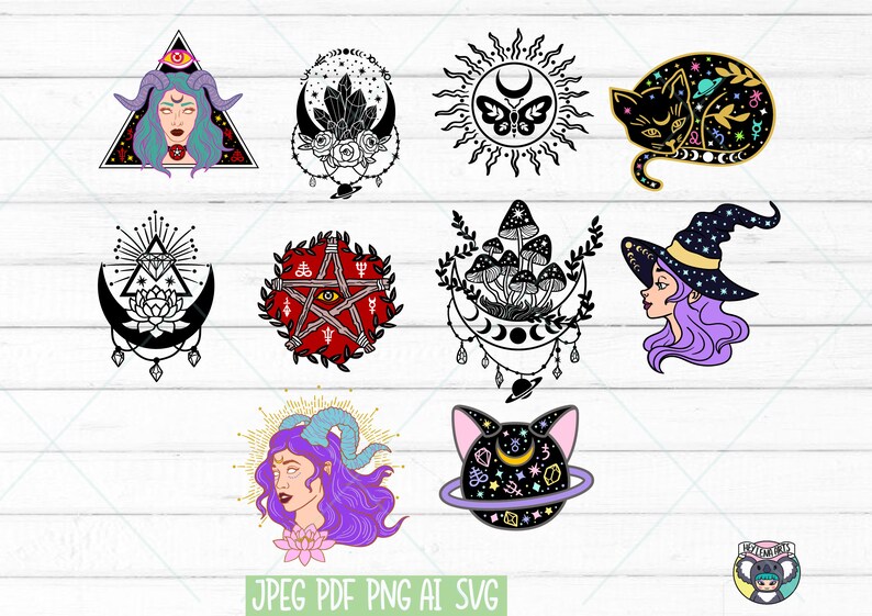 May include: A set of ten digital illustrations featuring a variety of mystical and occult themes. The illustrations include a witch, a cat, a pentagram, mushrooms, a crescent moon, a sun, a crystal, and a lotus flower. The illustrations are all in black and white with some colour accents.