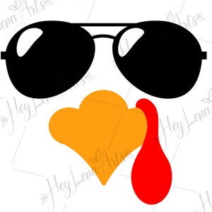 May include: A Thanksgiving turkey wearing sunglasses. The turkey has a red wattle and a yellow body. The sunglasses are black with a dark lens.