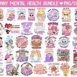 Op de afbeelding: Een verzameling kleurrijke, cartoonachtige afbeeldingen met tekst over geestelijke gezondheid. De ontwerpen tonen verschillende dieren en personages met zinnen als "Anxious But Cute", "My Anxiety is Chronic" en "Don't Forget to Hydrate".