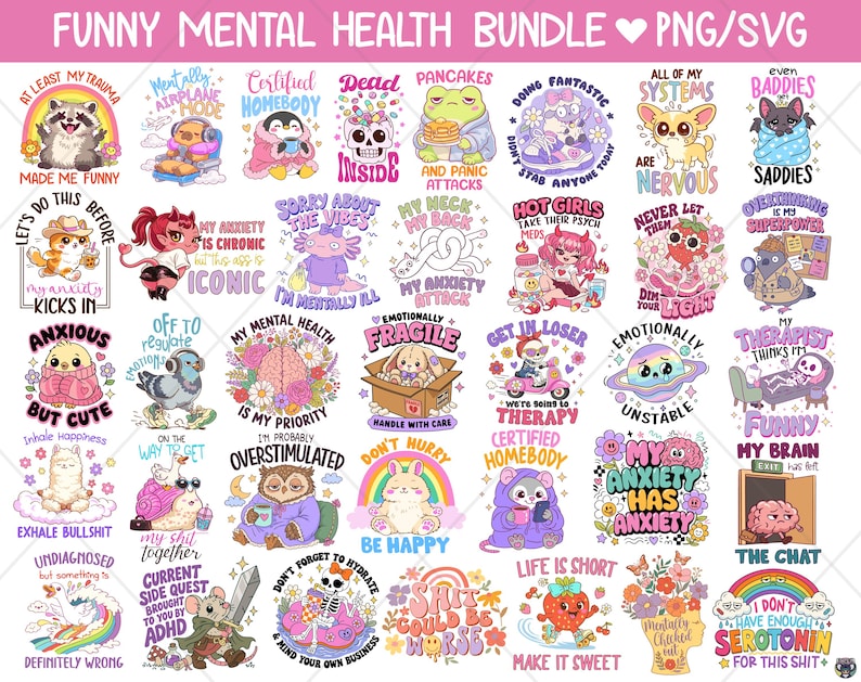 Op de afbeelding: Een verzameling kleurrijke, cartoonachtige afbeeldingen met tekst over geestelijke gezondheid. De ontwerpen tonen verschillende dieren en personages met zinnen als "Anxious But Cute", "My Anxiety is Chronic" en "Don't Forget to Hydrate".
