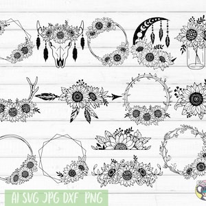 Lot de svg tournesol, lot de svg cadres tournesol, tournesol SVG, svg cadre fleur, boho svg, fichiers Svg pour Cricut, couper fichier, eps png svg