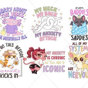 Op de afbeelding: Een verzameling van zes cartoonafbeeldingen met tekst. De afbeeldingen tonen schattige dieren en personages met zinnen als "Sorry About The Vibes" en "My Anxiety Kicks In." Het kleurenpalet bevat pasteltinten en gedurfde contouren.