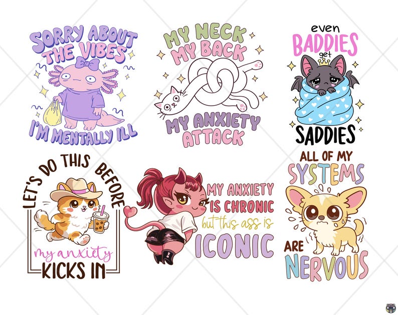 Op de afbeelding: Een verzameling van zes cartoonafbeeldingen met tekst. De afbeeldingen tonen schattige dieren en personages met zinnen als "Sorry About The Vibes" en "My Anxiety Kicks In." Het kleurenpalet bevat pasteltinten en gedurfde contouren.