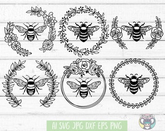 May include: Six black and white illustrations of bees in floral wreaths. The bees have striped bodies and wings. The wreaths are made of leaves and flowers.