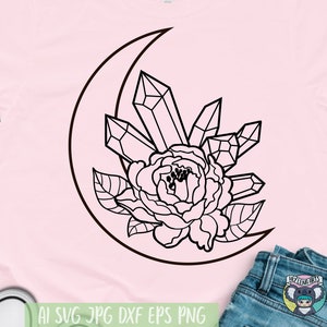 Floral Moon svg, Crystal moon svg, Floral wreath svg, Celestial svg, Half Moon svg, Svg Files for Cricut, Cut File, dxf files for laser