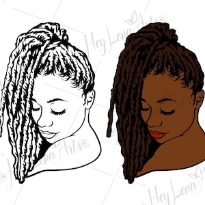 May include: A black and white line drawing of a woman with long dreadlocks, her eyes closed, and a gentle expression. The woman is facing to the right, and her hair is covering most of her face. The drawing is on a white background.