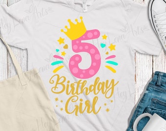 SVG de Princesa de Quinto Cumpleaños: Archivo de corte para camiseta de niña (Descarga digital)