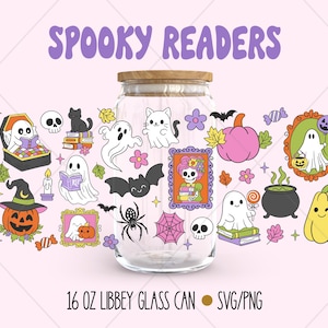 Bookish Ghost Halloween Libbey Glass Wrap, 16oz Spooky Reading Glass Can PNG SVG, Cute Cozy Fall Cup Wrap, Retro Halloween Sublimation
