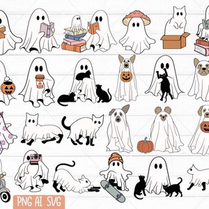 Pacchetto SVG Fantasma carino, Halloween SVG, Retro Halloween SVG, Lettura Fantasma, Pacchetto SVG Fantasma, Gatto Fantasma SVG, Cane Fantasma SVG, Stagione Spettrale SVG