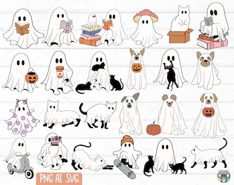 Cute Ghost svg Bundle, Halloween svg, Retro Halloween svg, Ghost Reading, Ghost svg Bundle, Cat Ghost svg, Dog Ghost svg, Spooky Season svg