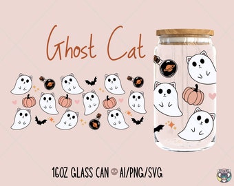 Ghost Cat Halloween 16oz Glass Can Wrap SVG (Digital Download)