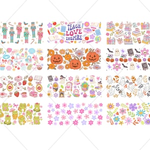 May include: Nine illustrated horizontal patterns in various themes. Designs include nutcrackers, school supplies with the text "Teach Love Inspire", books, ice cream, pumpkins, Halloween, ghosts, frogs, and flowers.