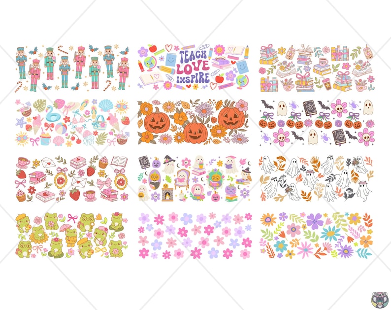 May include: Nine illustrated horizontal patterns in various themes. Designs include nutcrackers, school supplies with the text "Teach Love Inspire", books, ice cream, pumpkins, Halloween, ghosts, frogs, and flowers.