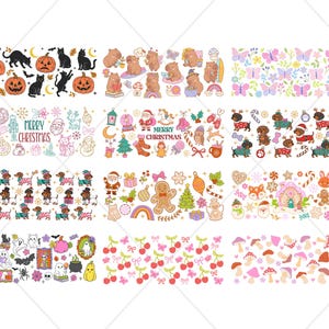May include: A selection of vibrant, illustrated patterns showcasing diverse themes. Designs include Halloween motifs with pumpkins and cats, Christmas scenes with Santa and ornaments, and whimsical elements like butterflies, cherries, and mushrooms.