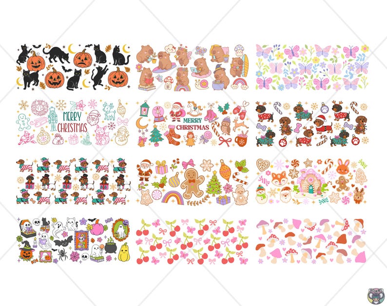 May include: A selection of vibrant, illustrated patterns showcasing diverse themes. Designs include Halloween motifs with pumpkins and cats, Christmas scenes with Santa and ornaments, and whimsical elements like butterflies, cherries, and mushrooms.