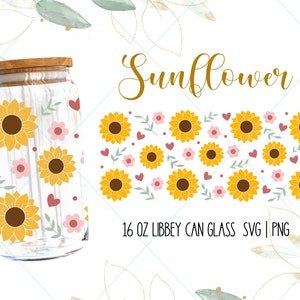 Tournesol 16 Oz Libbey Glass Can Svg, verre de café peut Svg, peut emballer svg, svg tournesol, verre peut emballer svg, svg floral tumbler