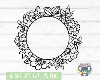May include: Black and white floral wreath with a circular frame in the center. The wreath is made up of stylized flowers, leaves, and vines.