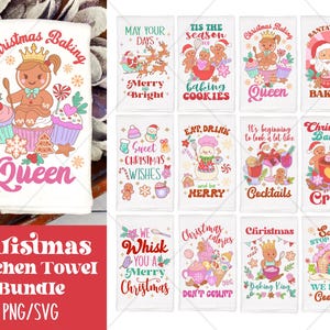 Op de afbeelding: Een bundel kerstkeukendoeken met diverse feestelijke ontwerpen. Eén handdoek toont een peperkoekvrouw met een kroon, de tekst "Christmas Baking Queen" en cupcakes. Andere handdoeken hebben vakantie-thema graphics en tekst.