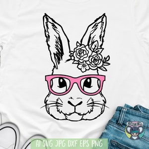 Easter svg, Easter Bunny Svg, Bunny with glasses svg, Bunny face svg, Floral Bunny svg, Svg files for Cricut, Cut File, Spring svg