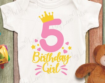 SVG para niña de quinto cumpleaños: Corona con el número 5, archivo de corte para camiseta (descarga digital)
