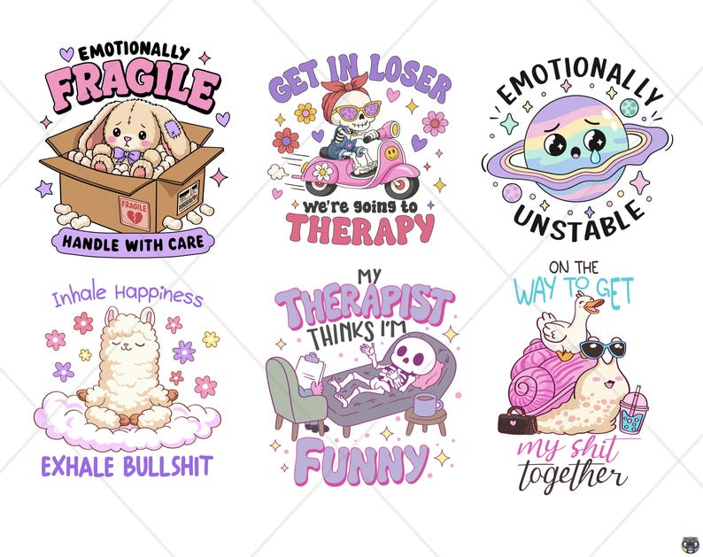 Op de afbeelding: Een verzameling van zes kleurrijke grafische ontwerpen met humoristische tekst. De ontwerpen tonen een konijn in een doos, een skelet op een scooter, een huilende planeet, een mediterende lama, een skelet op een therapeut's bank en een slak. Elke afbeelding heeft tekst.