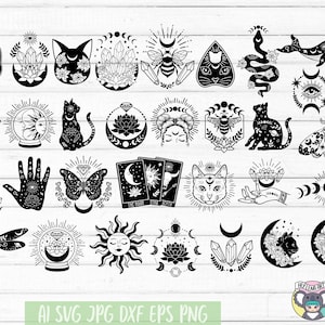 Può includere: Un set di 30 illustrazioni in bianco e nero con vari simboli mistici e celesti, tra cui gatti, cristalli, lune, stelle, farfalle e altro ancora.